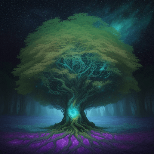 AI generated: bright painting of a tree with stars in the sky, in the style of dreamlike fantasy creatures, multil...
