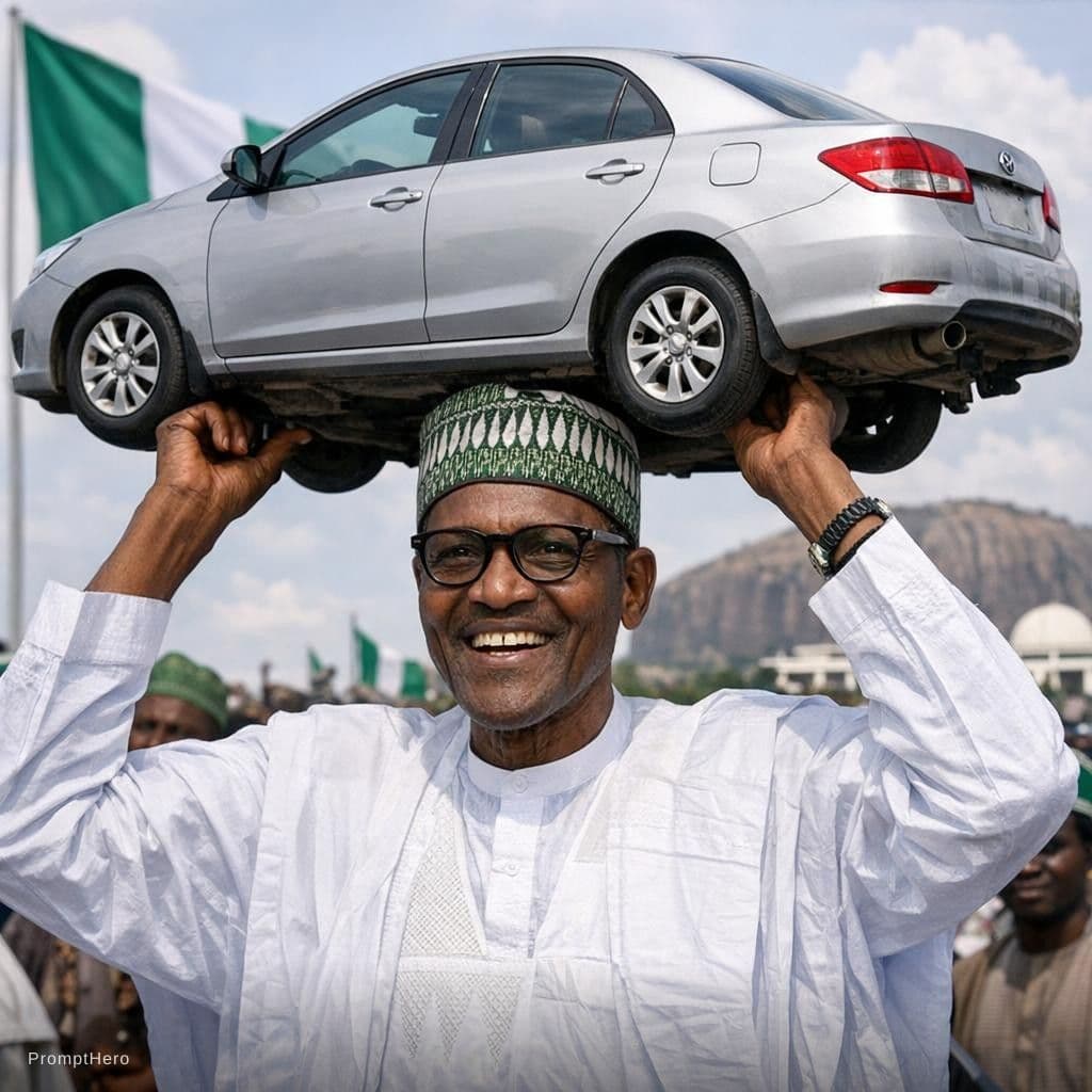 AI generated: A Nigeria president carrying a car on his head 