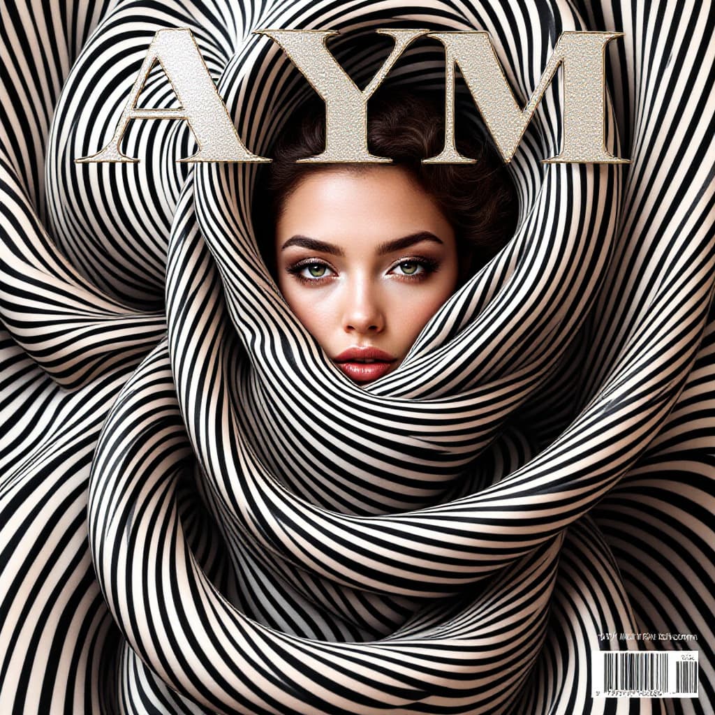AI generated: AYM magazine cover featuring a mesmerizing woman wrapped in a swirling vortex of stripes. The lines ...