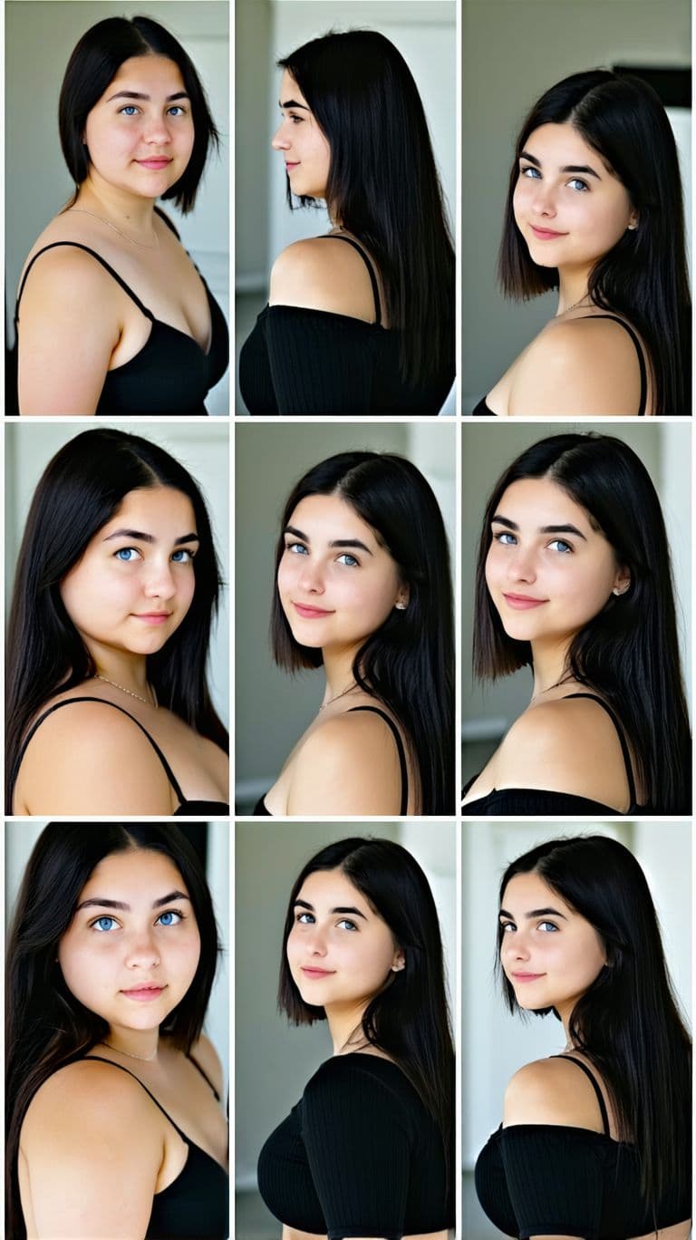 AI generated: 10 pictures, 18-year-old woman, progression picture fat to fit, black hair, light blue eyes, tanned ...