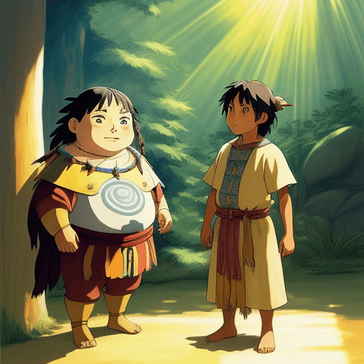 AI generated: Children’s drawing of a shaman and a king, sunlight, studio ghibli