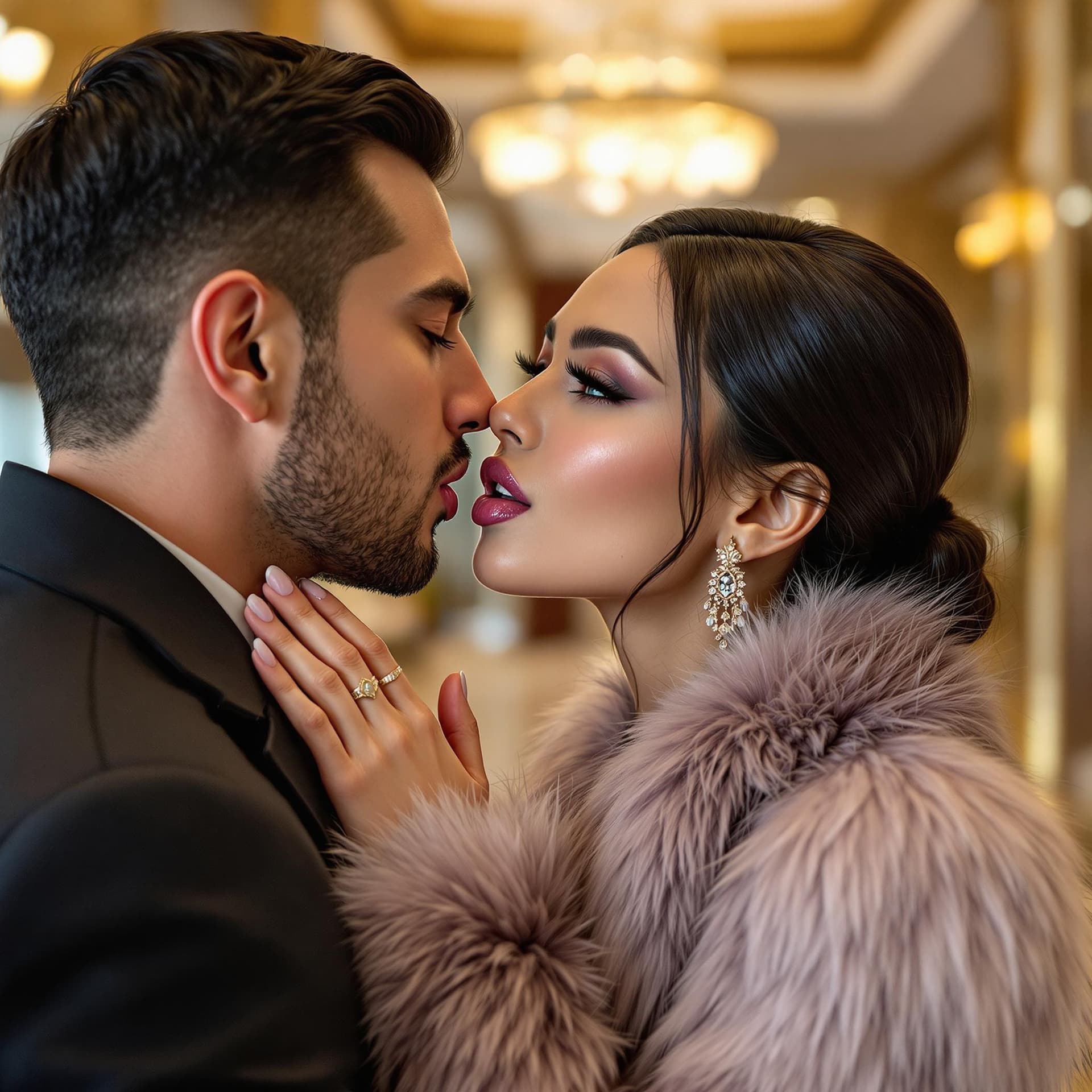 AI generated: side view, beautiful chic passionate Asian lady dressed in exquisite chic furs kissing a man's hand ...