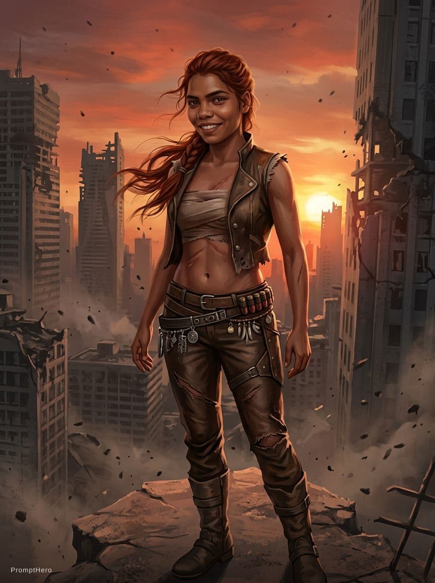AI generated: A resilient female scavenger stands on the fractured edge of a ruined city as a blood orange sunset ...