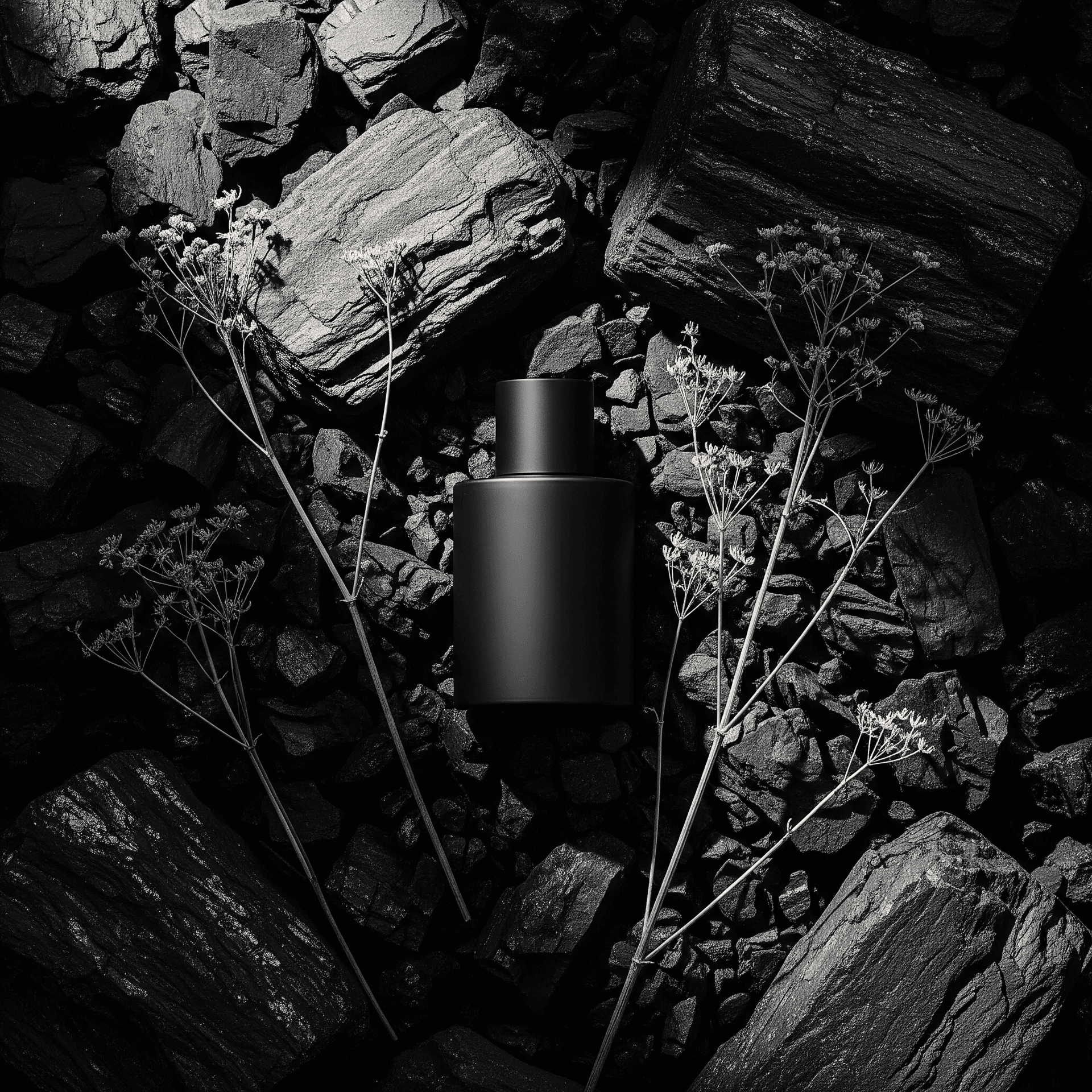 AI generated: A moody, dark, flat-lay product image with a masculine, earthy aesthetic. A minimalist, all-black pe...