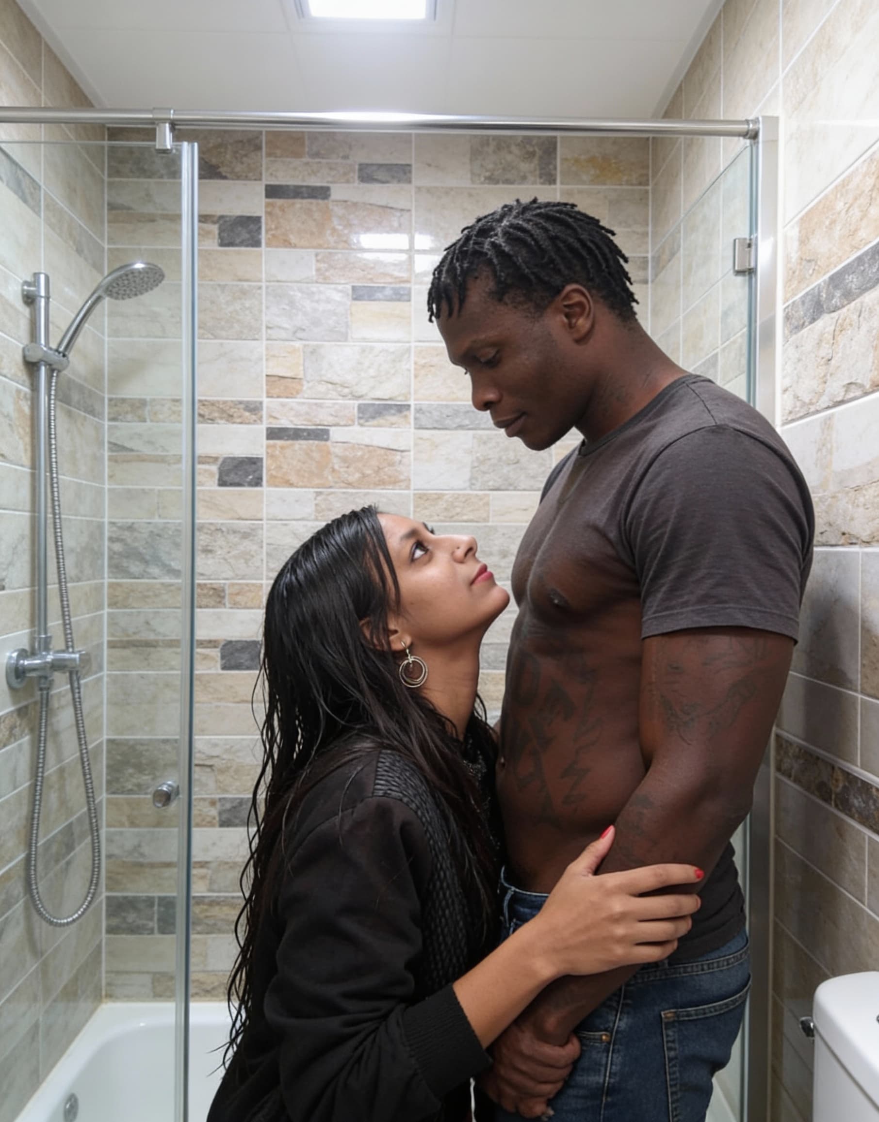 AI generated: The image shows two adults in a modern bathroom with stone-patterned tile walls and a glass shower e...