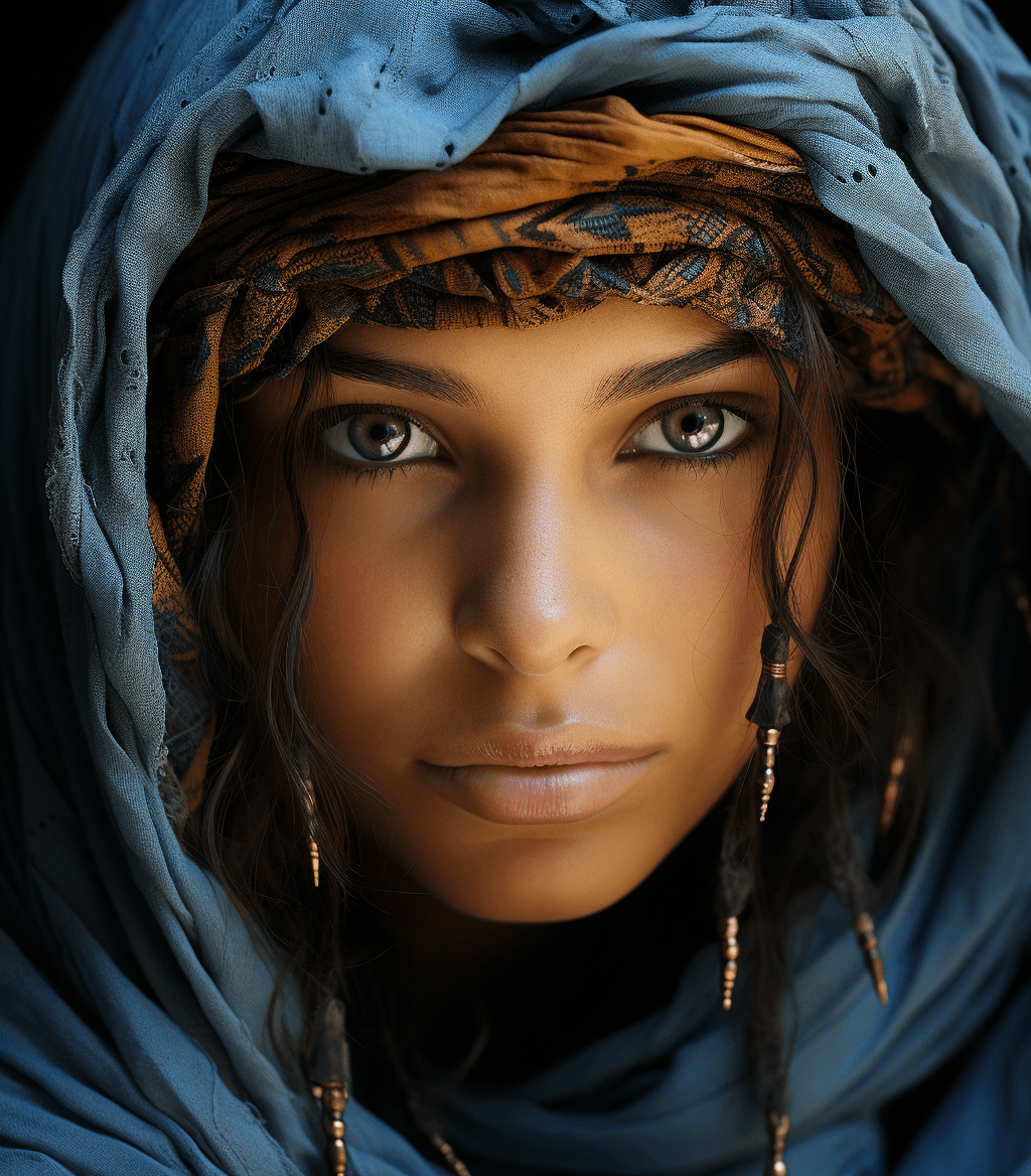 AI generated: image of beautiful skin with blue eyes, in the style of orientalist imagery, uhd image, ingrid baars...
