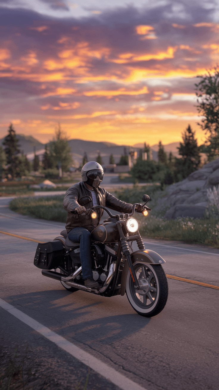 AI generated: picture ultra realistic biker on a harley davidson motorcycle on the road 66 sunset side view --ar 4...