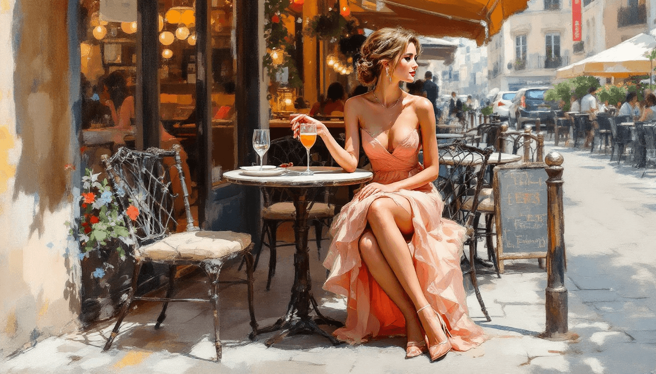 AI generated: oil painting on canvas of a beautiful woman in a very fine peach dress sitting at a table outside a ...