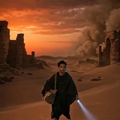 AI generated video: Ultra realistic cinematic fantasy adventure scene in a dark ancient desert during a massive sandstor...