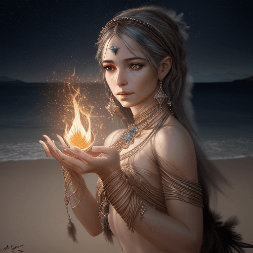 AI generated: dancer with feathers and jewelry at night on the beach by the fire in the style of magali villeneuve...