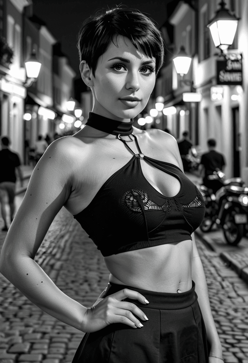 AI generated: (black and white:1.2) Avant Garde photograph of a 27 year old busty woman with a (cropped cut haircu...