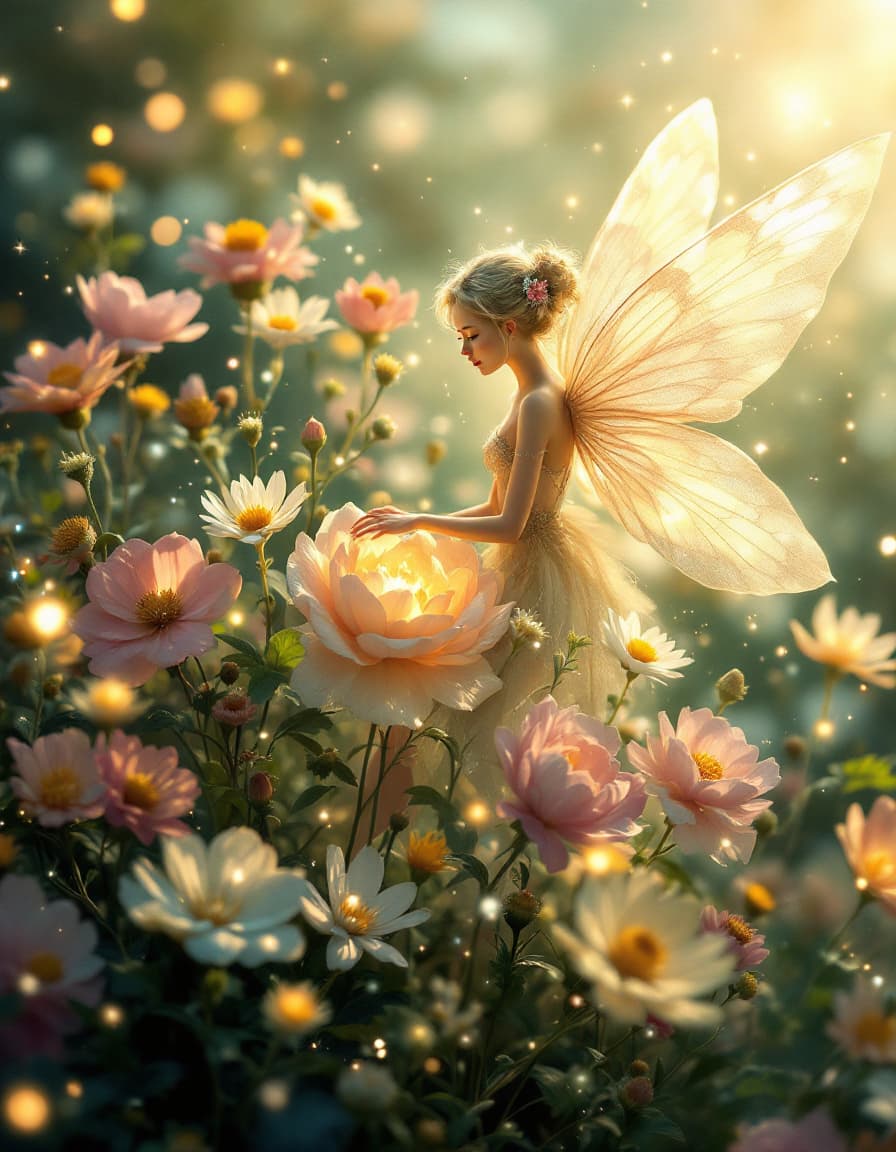 AI generated: fairy with flowers, pastel colors, extremely detailed, lights, glow, flowers --seed 123456