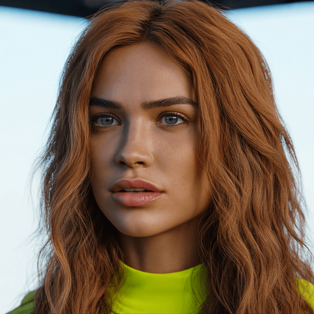 AI generated: A close-up portrait of a woman with vibrant light brown long wavy hair, captured in ultra-realistic ...