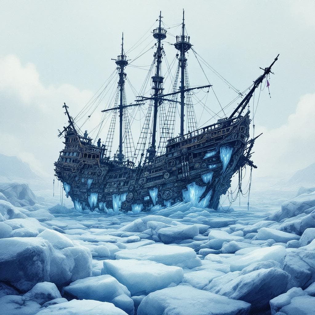 AI generated: A composite blend of adventure fantasy Illustration of a shipwrecked ancient decrepit broken in half...
