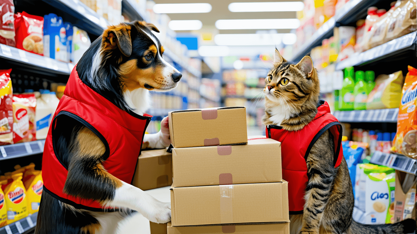 AI generated: A lifelike scene of a dog and a cat working as employees in a retail store,  as they handle and pass...