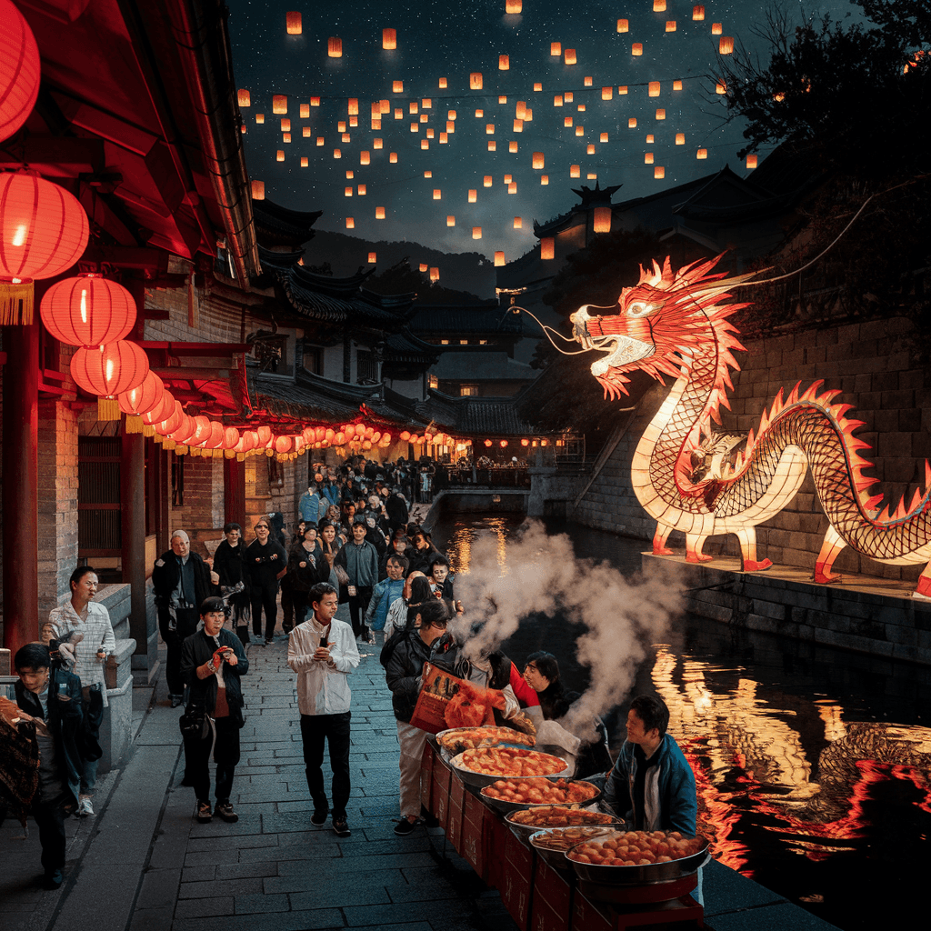 AI generated: A high-resolution photograph of the Lantern Festival at night in a traditional Chinese town. Red lan...