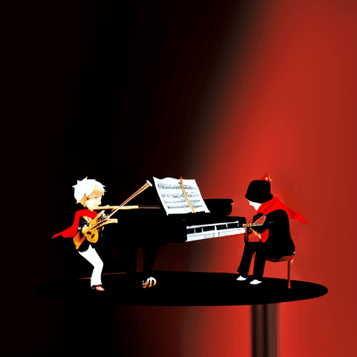 AI generated: A music band with a guy baterist a guy guitar a guy piano a guy violin and a singer girl with Red hi...