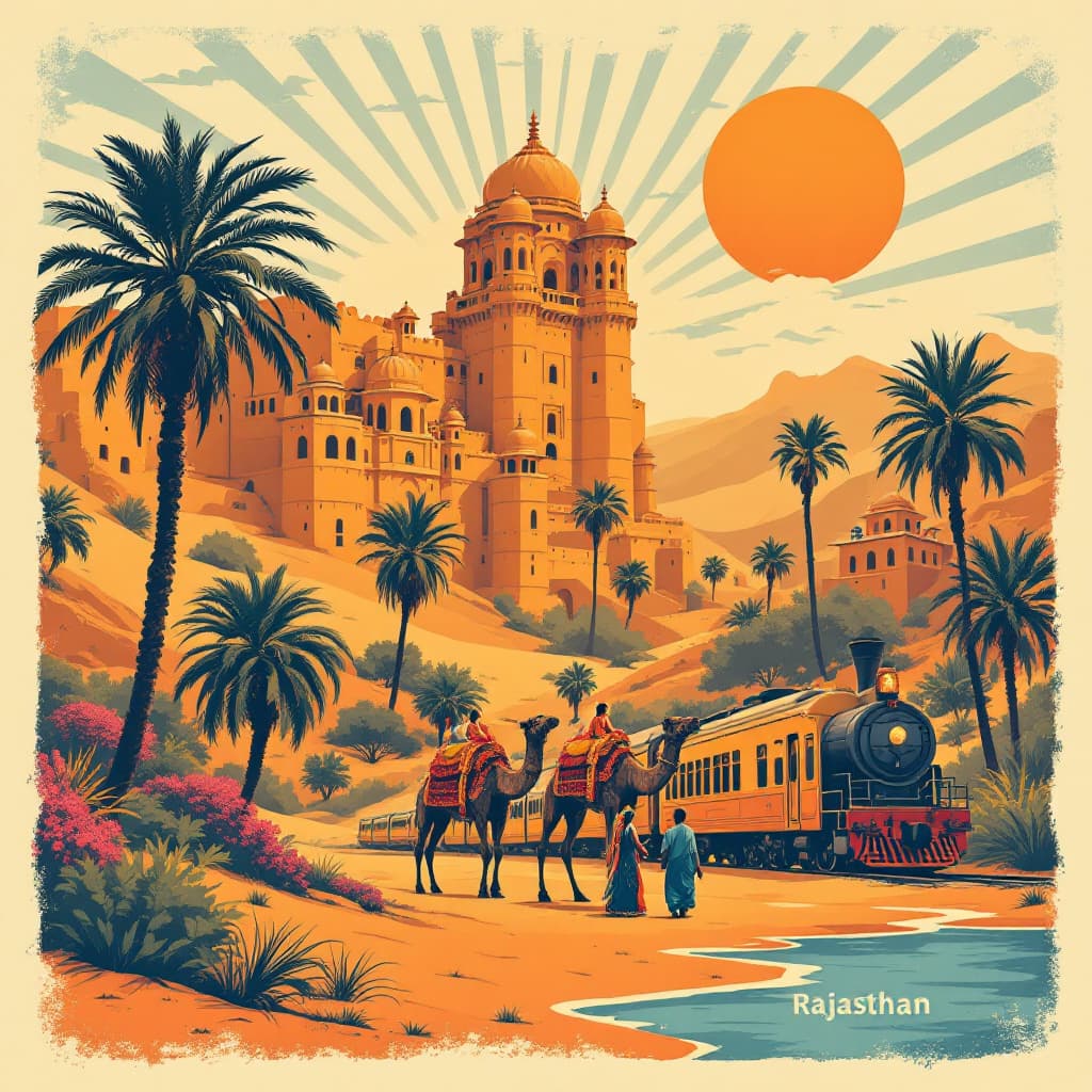 AI generated: A retro-style travel banner illustration for a travel company, themed around Rajasthan, India. Use a...