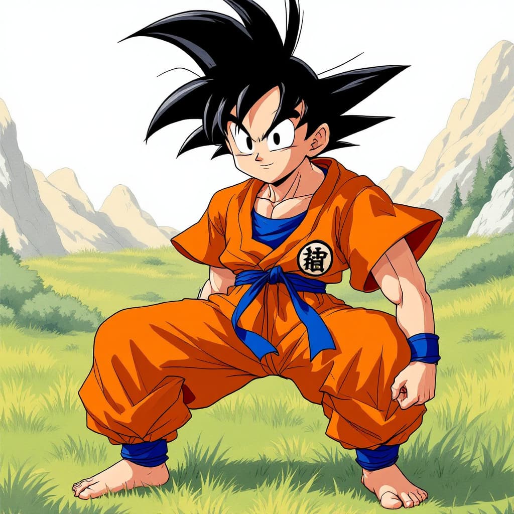AI generated: 
A full-body realistic portrait of Son Goku from the first episode of Dragon Ball. He has black spik...