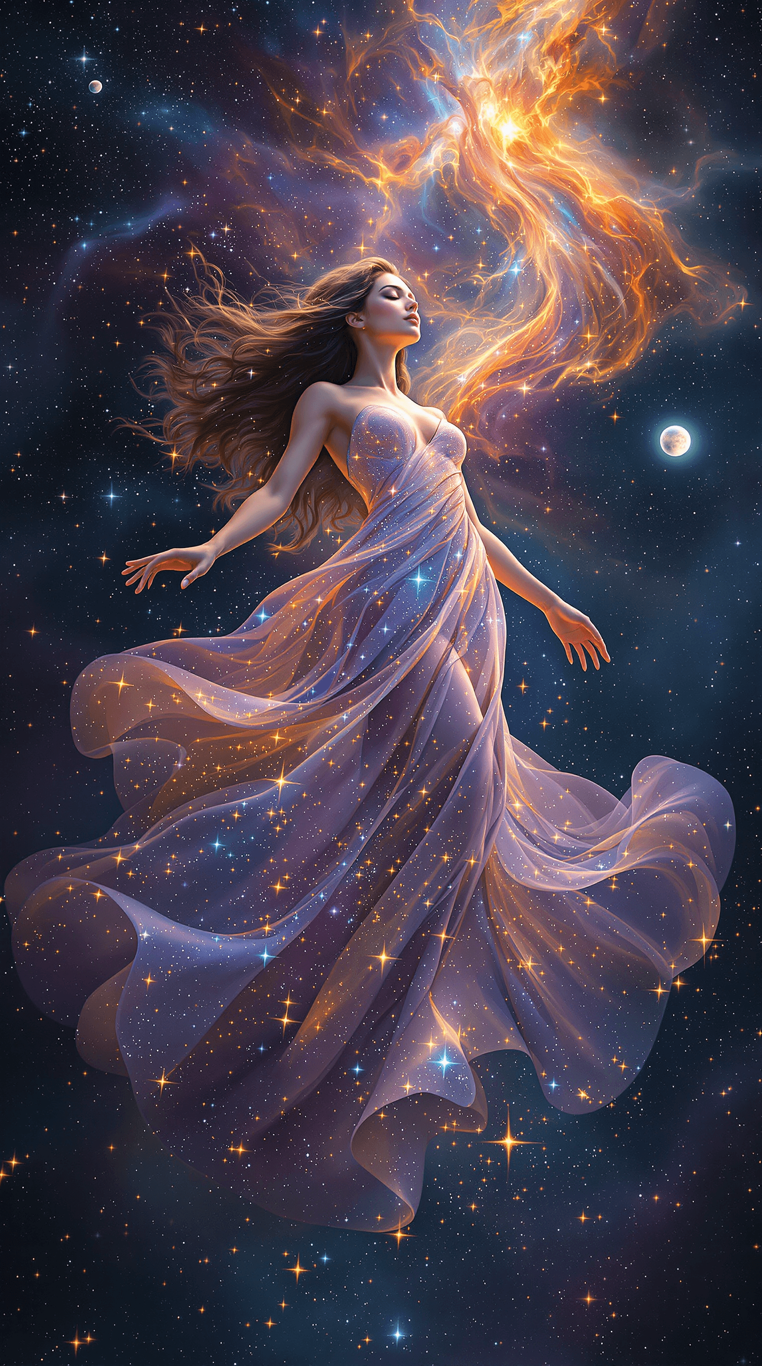 AI generated: An **ultra-high definition, hyper-detailed** depiction of a **celestial goddess floating gracefully*...