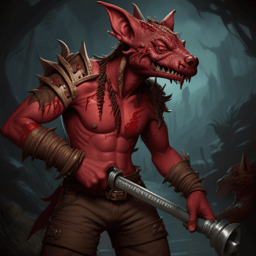 AI generated: Fantasy, DND, kobold, male, red skin, red eyes, holding wrench, messy, feral looking
