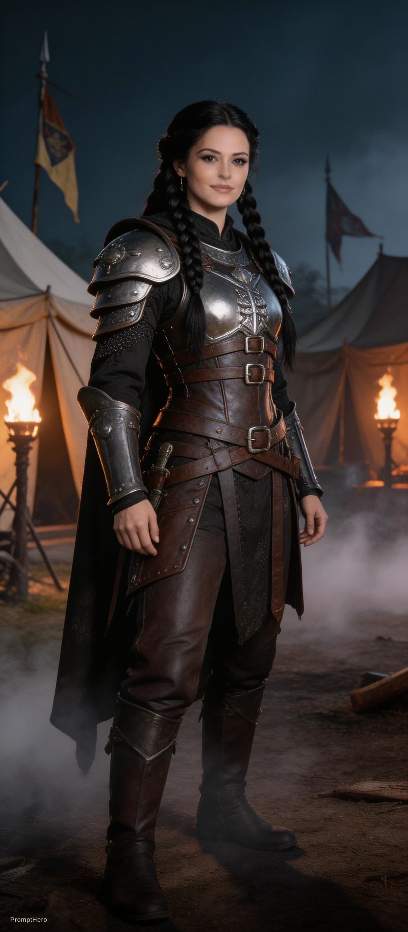 AI generated: A powerful, curvaceous warrior woman with long braided black hair cascading over her shoulders stand...