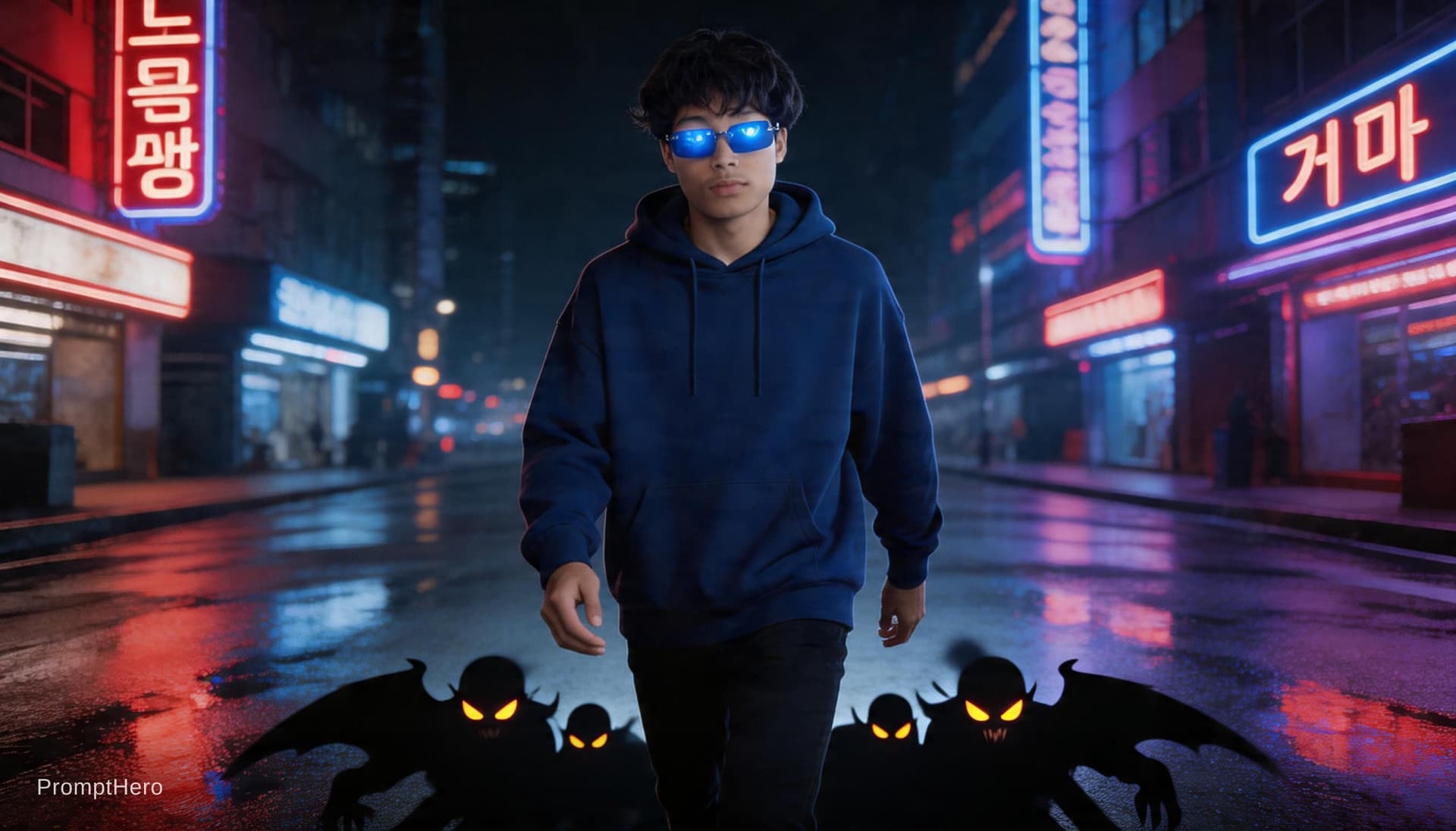 AI generated: A photo-realistic cinematic shot of a young Korean man inspired from Sung Jin-Woo from Solo Leveling...