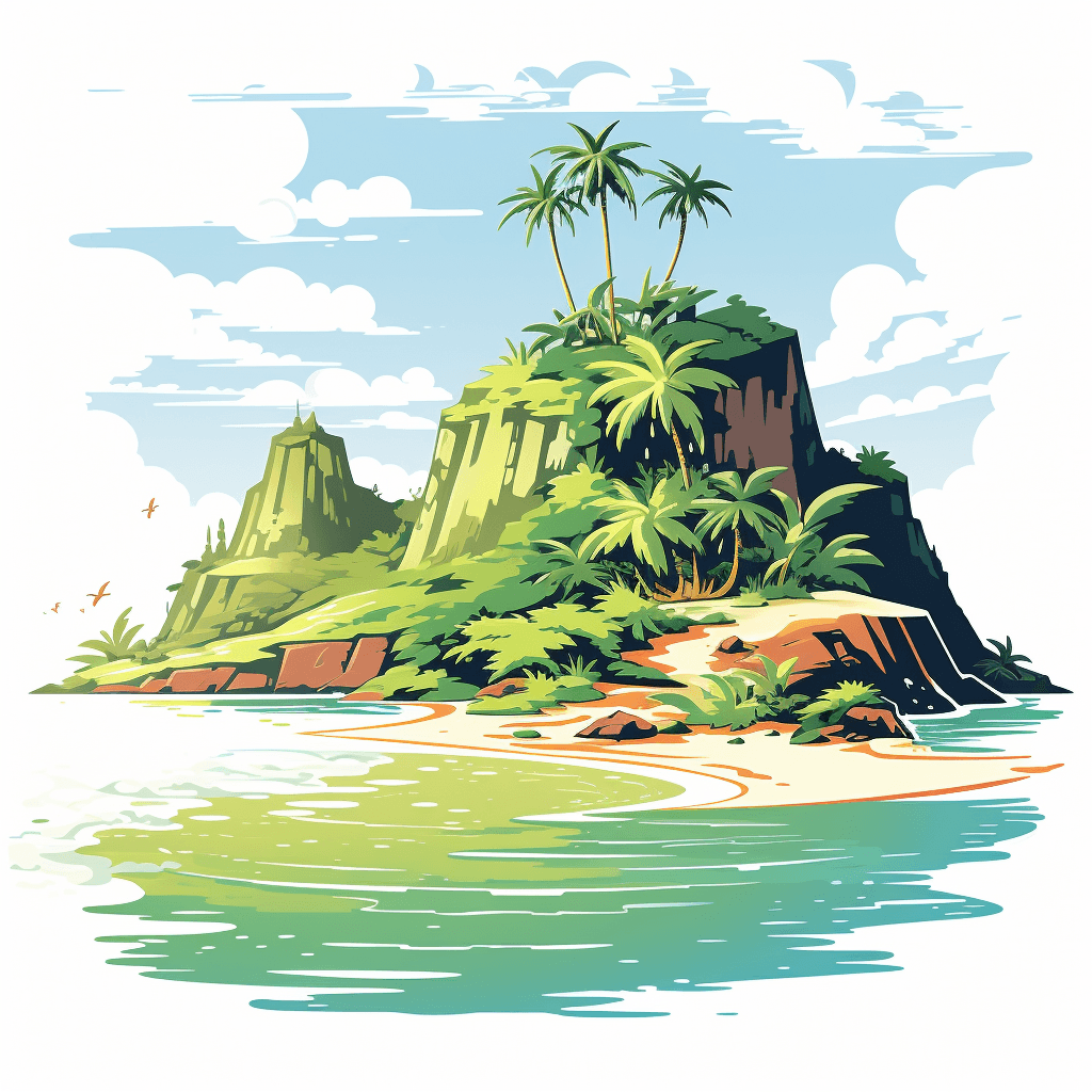 AI generated: A vibrant illustration of a tropical island, retro, in the style of Mike Mignola, light green and li...