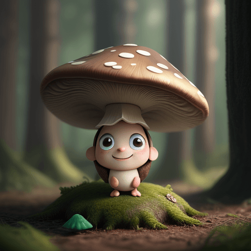AI generated: cute little guy like mushroom in forest, happy and smiling, big cute eyes, ambient light cinematic l...