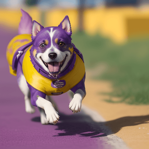 AI generated: perro corriendo con barrilete de color amarillo y morado, tierno, alegre, apuesto, fuerte y adinerad...