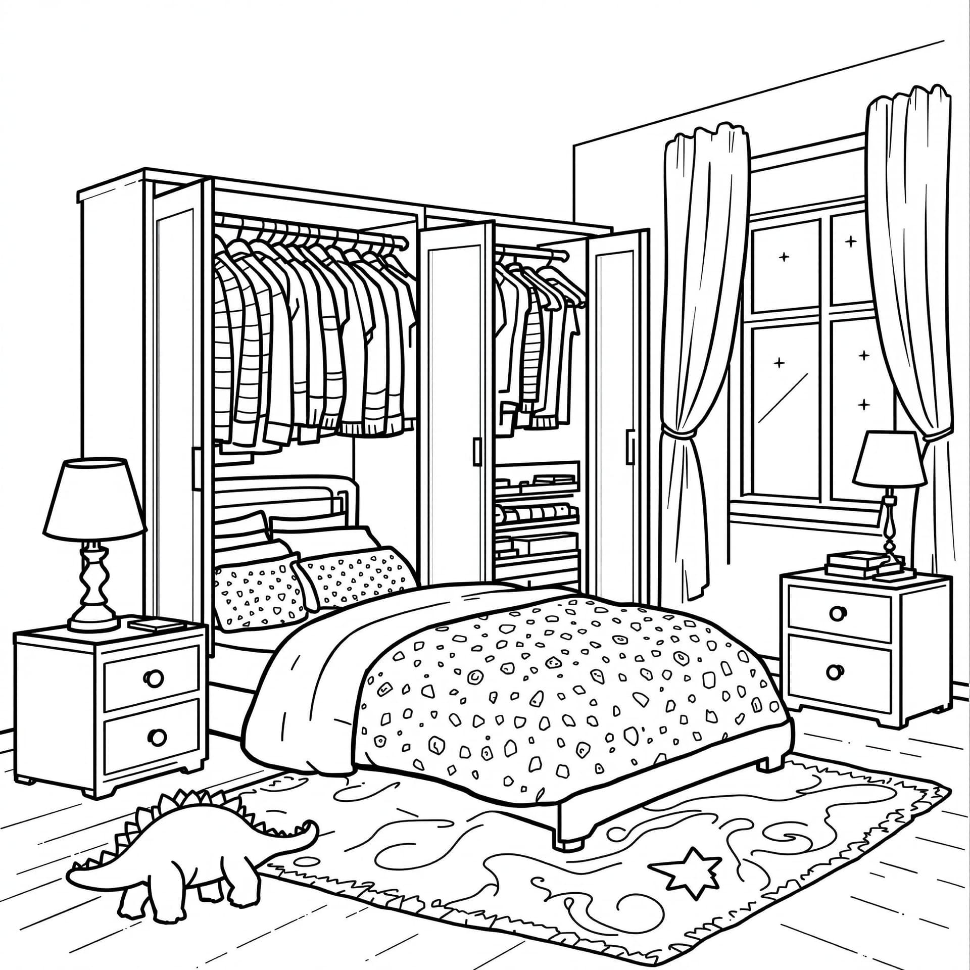 AI generated: Create a high-resolution black-and-white line drawing of a cozy bedroom with a wardrobe. Include det...