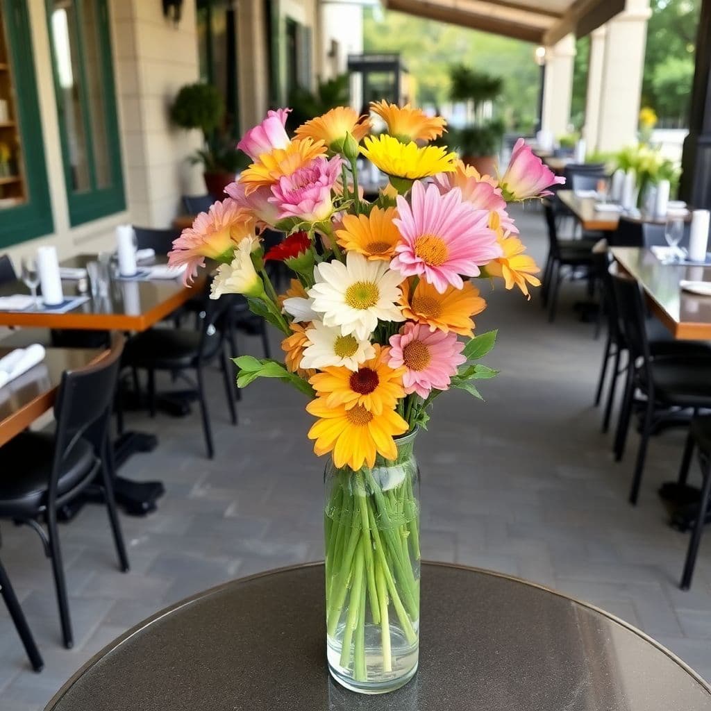 AI generated: A scene of a vase full of flowers on a table in an outdoor cafe with other tables with place setting...