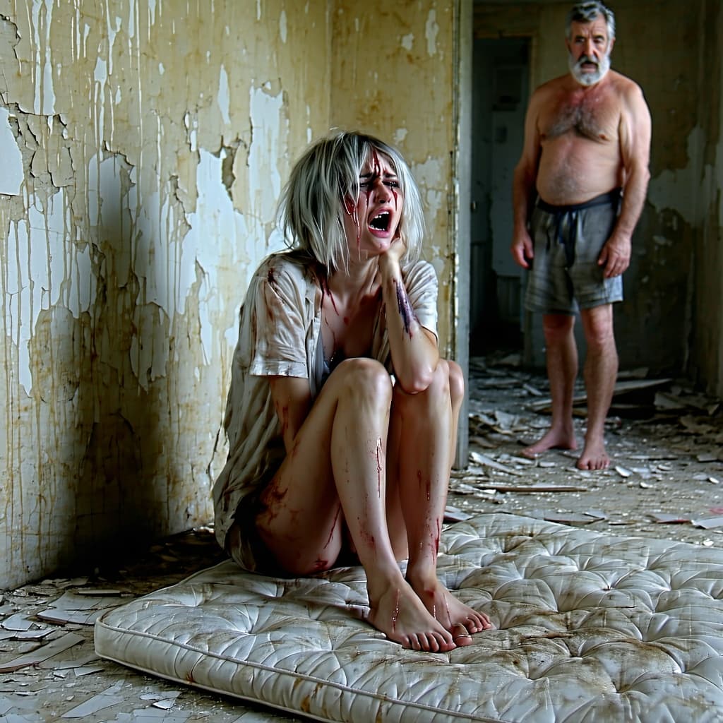 AI generated:  insalubrious room, decrepit walls, torn wallpaper, on the floor a mattress it is dirty, smashed. Si...
