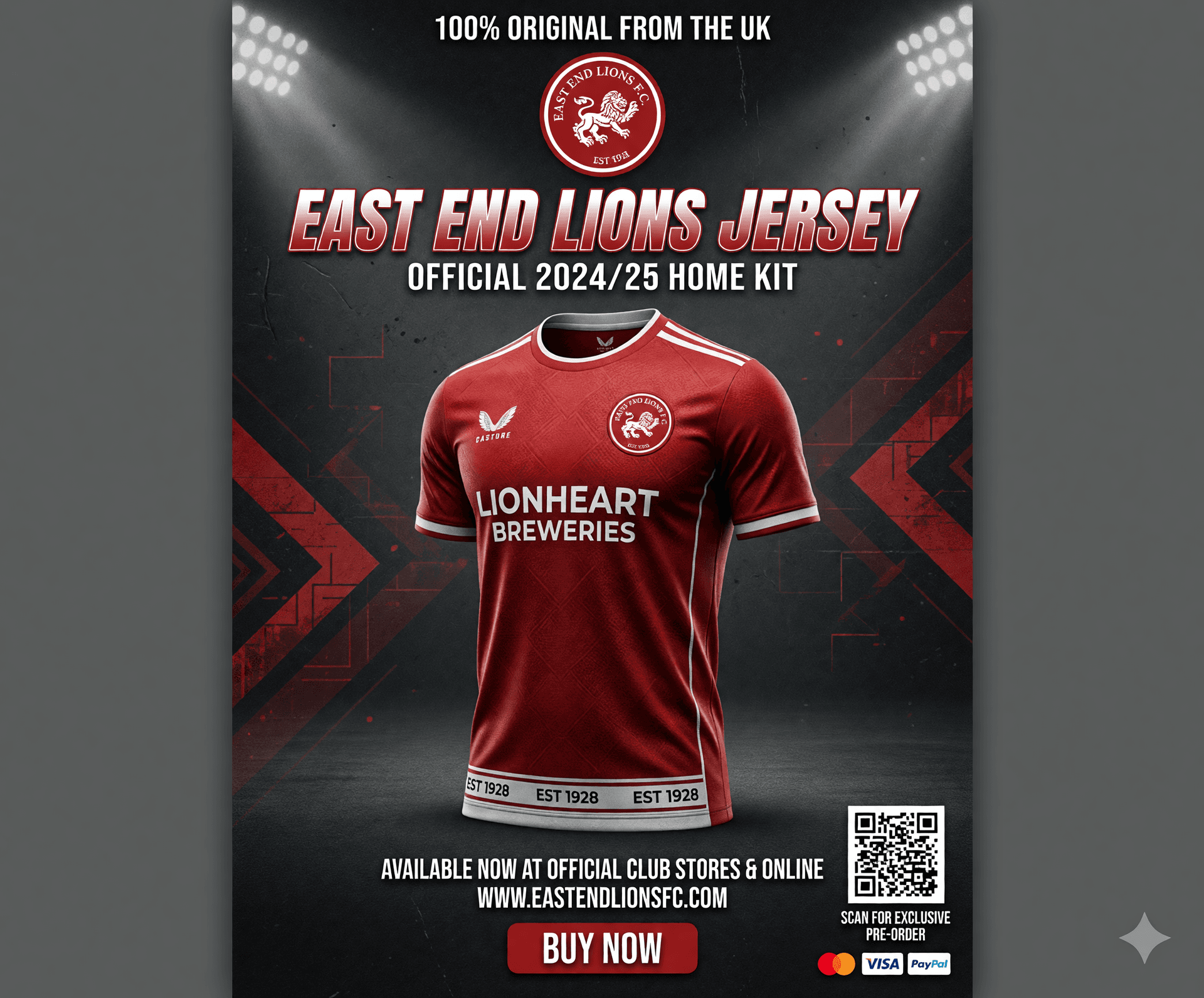 AI generated: 00% Original from the UK . East End Lions Jersey

generate a promotional flyer for the jersey