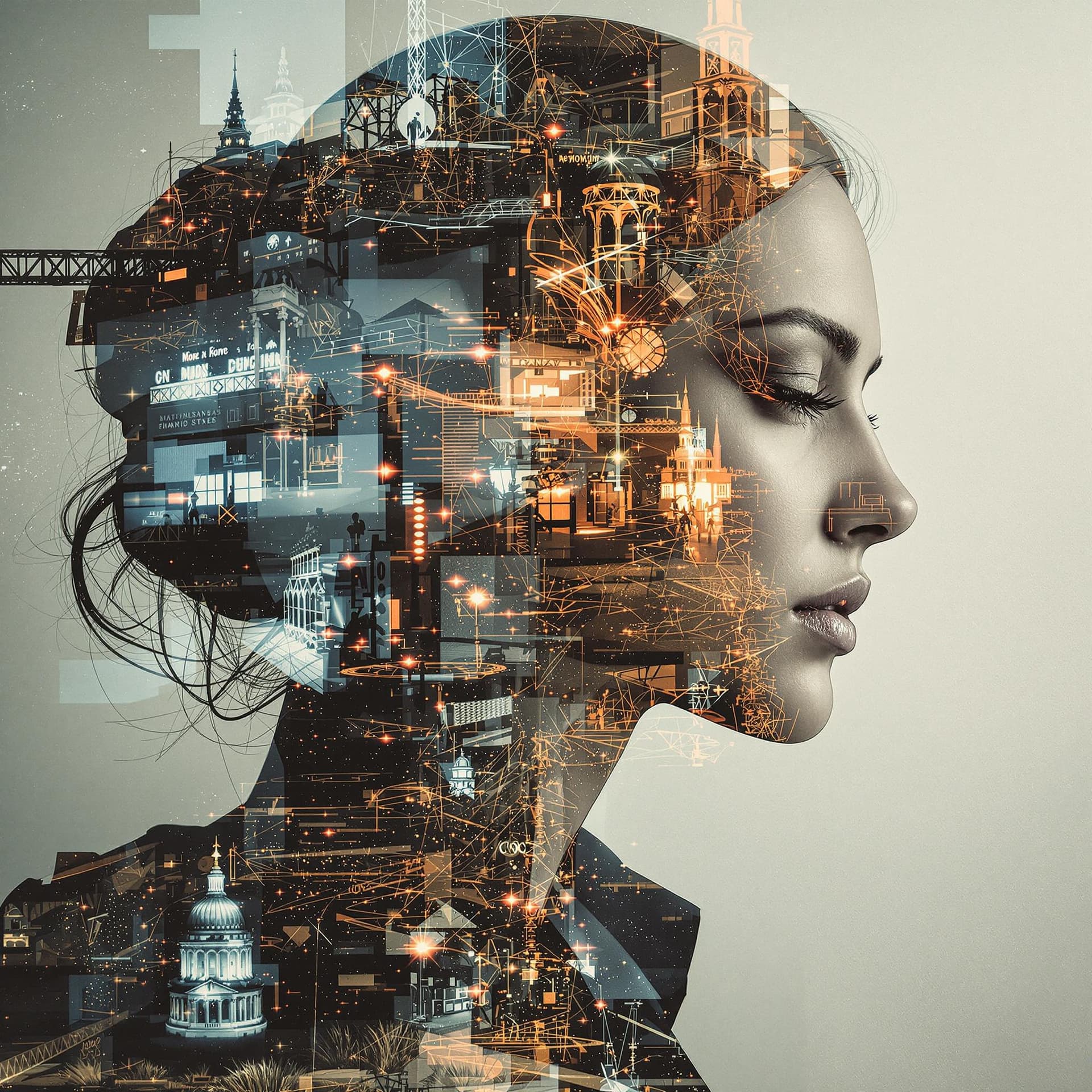 AI generated: double exposure complex photo, extremely dynamic, beautiful, vintage --ar 16:9 --stylize 750