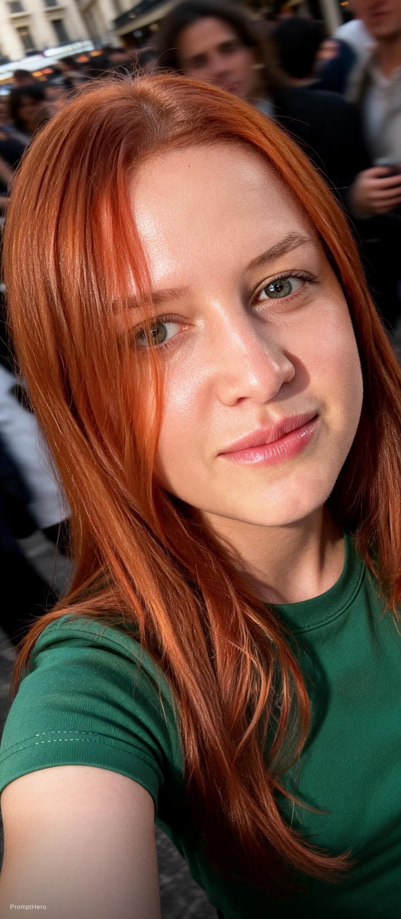 AI generated: Paparazzi-style extreme close-up photo of a woman from the attached with striking facial features, c...