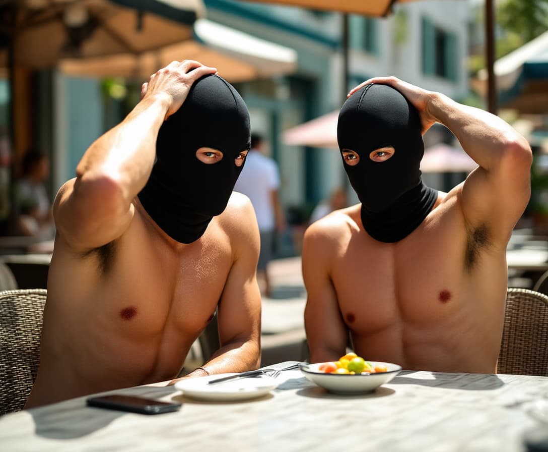 AI generated: Two male Asian born Taiwanese strong swimmers wearing compression jammers were arrested in day time....