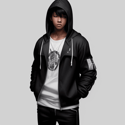 AI generated: 1boy, hood, solo, male focus, hood up, hands in pockets, black hair, pants, jacket, cowboy shot, hoo...