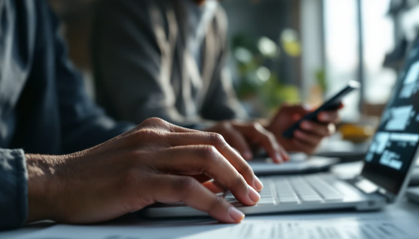 AI generated: `/imagine prompt: Tech startup team presenting new app, focus on hands:
African American developer's...
