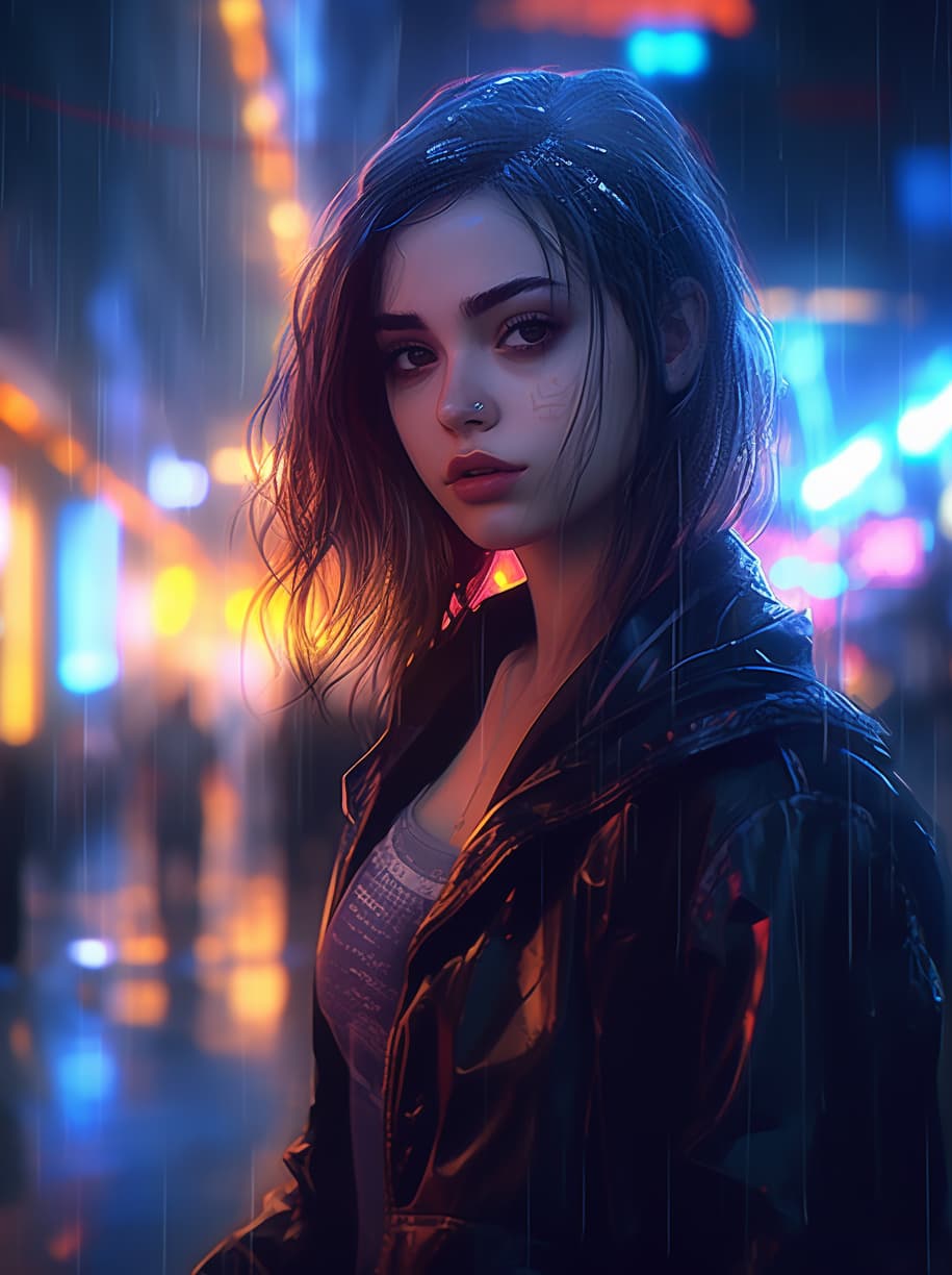AI generated: a girl in street, in a rainy night, neon lights, hyper realistico rendering, nighttime, wide angle l...