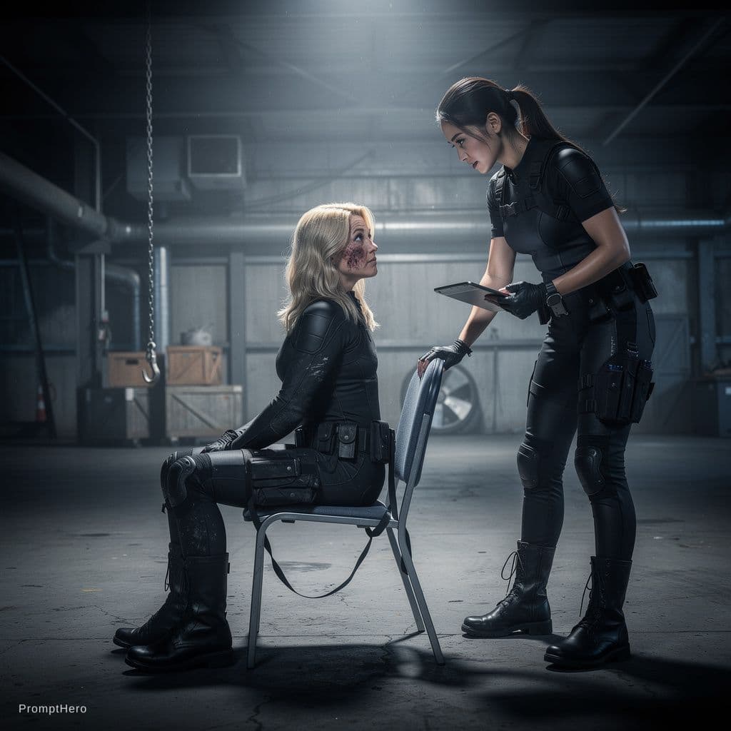 AI generated: A big titted blonde under cover agent helplessly tied up and naked at her Asian female rival