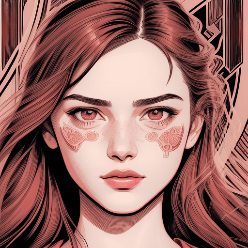 AI generated: the face of a young woman, in the style of detailed comic book art, layered lines, light red and sky...