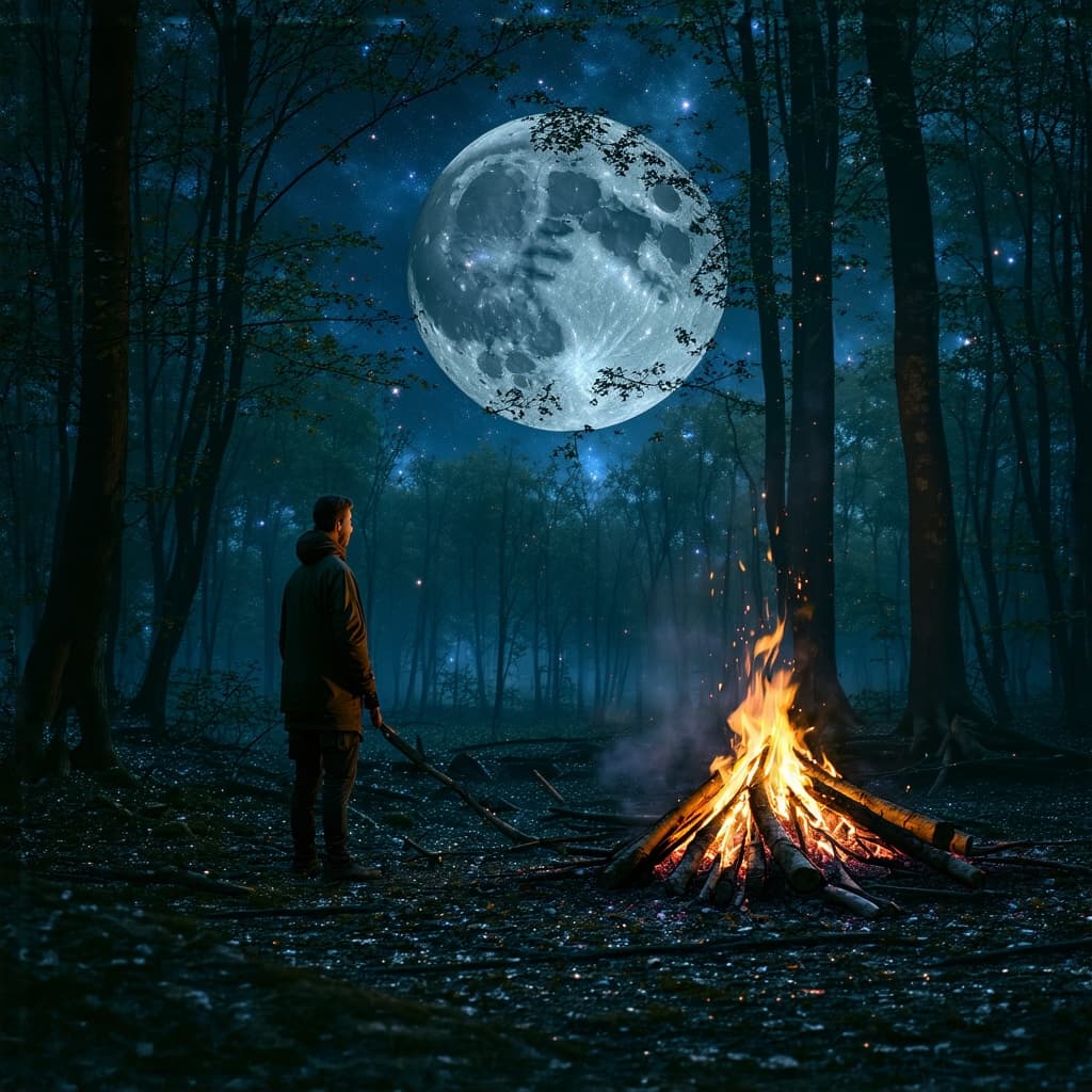 AI generated: Imagine an ultra-high-definition, 8K night scene set in a tranquil woodland area. The darkness of th...