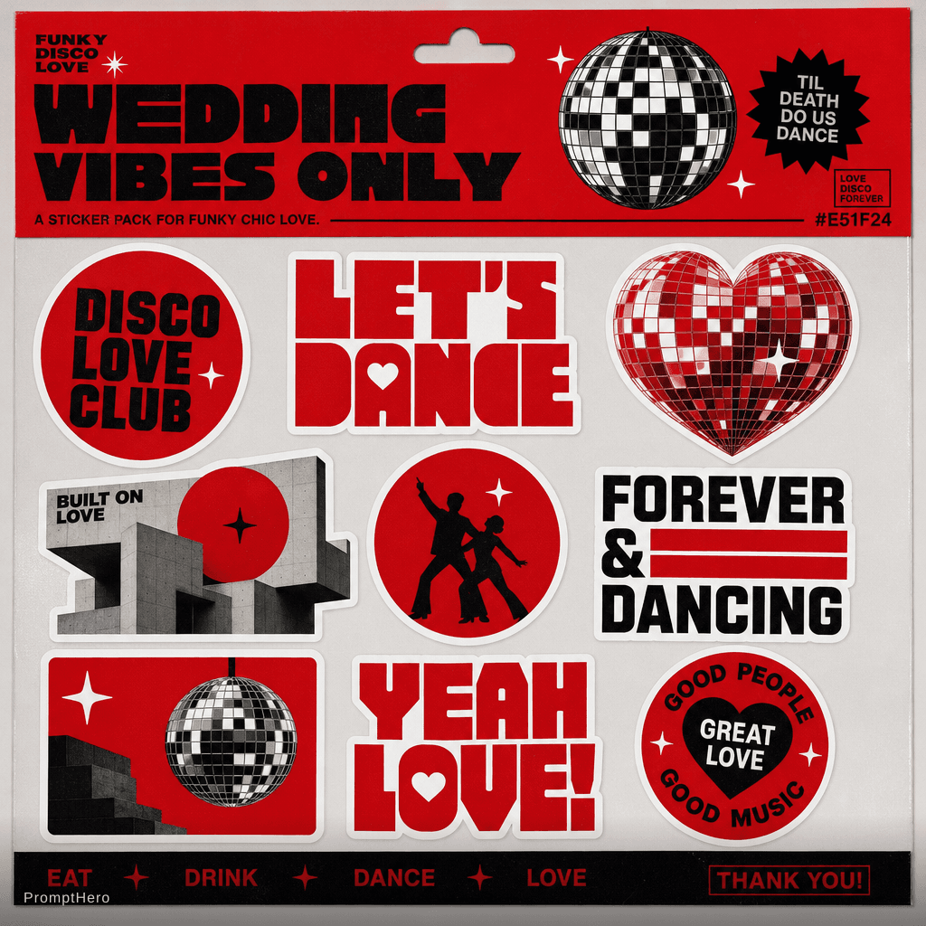 AI generated: Funky disco neo brutalist sicker pack for a funky chic wedding in #E51F24. 

