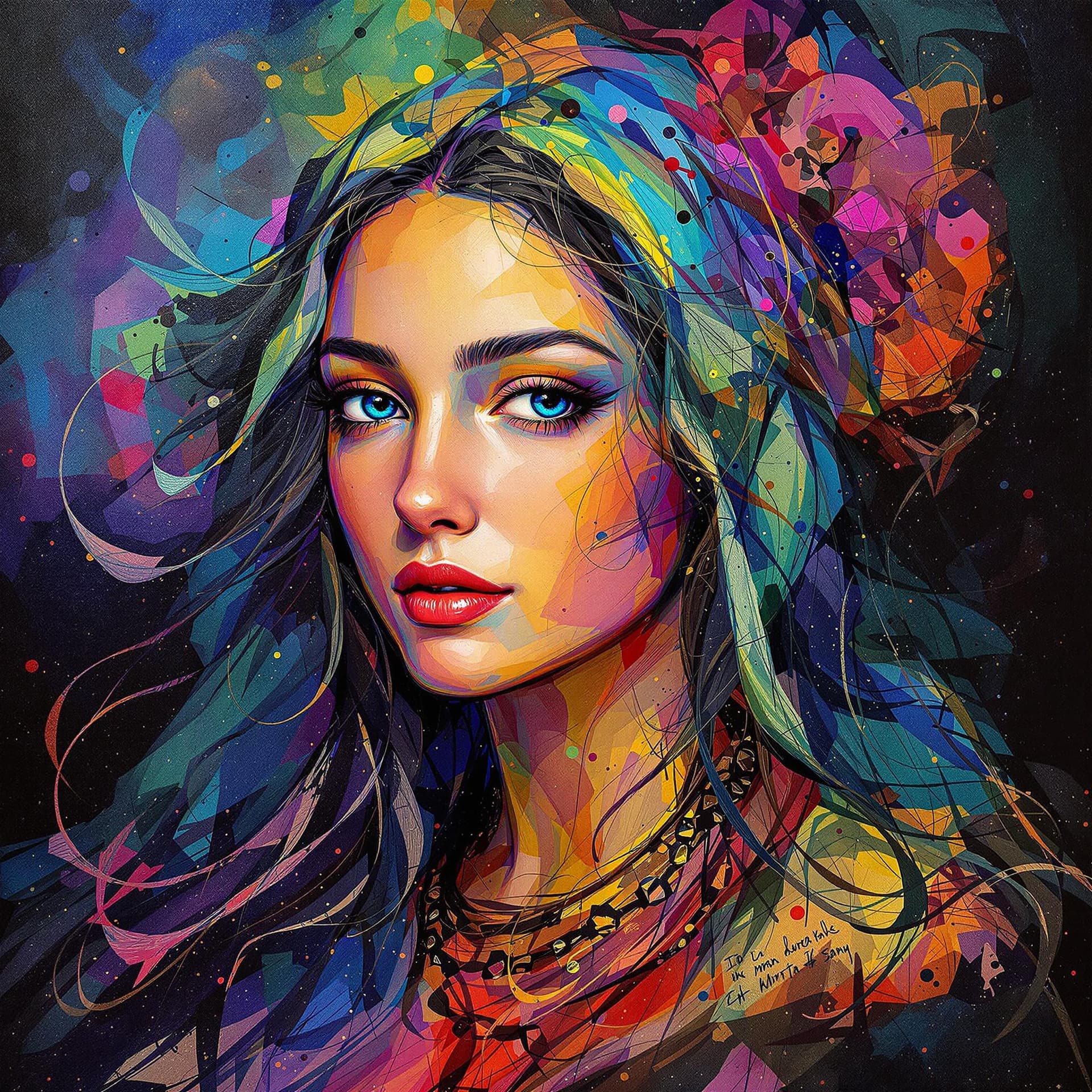 AI generated: An exquisite alcohol ink portrait of THE VIRGIN MARY, featuring a multitude of vibrant colors and sw...
