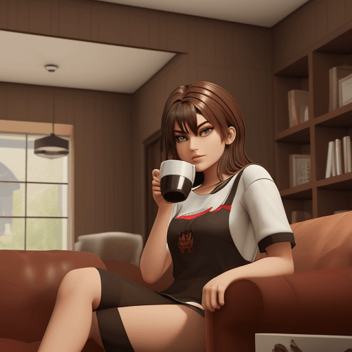 AI generated: roblox character sitting down drinking coffee
 in a house, brown hair, aesthetic clothing, sitting o...