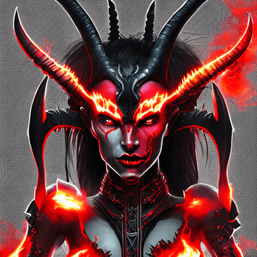 AI generated: Full-body portrait of Cybernetic demon woman with large ram horns on her head and bits of black meta...