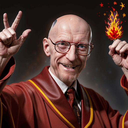 AI generated: professor  Farnsworth, realistic, dressed in red robes covered in mystic symbols stars and moons, ba...