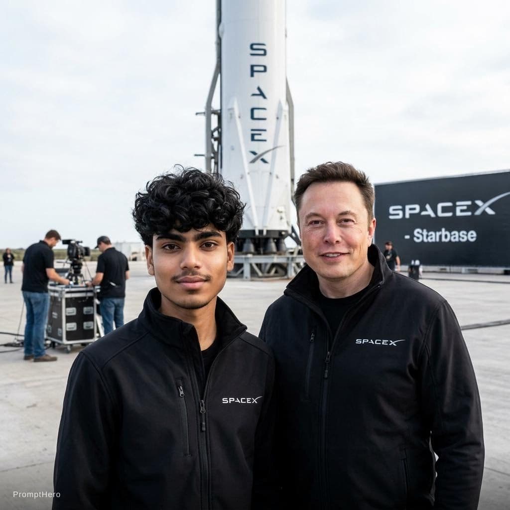 AI generated: with Elon Musk in front of a SpaceX rocket, professional setting