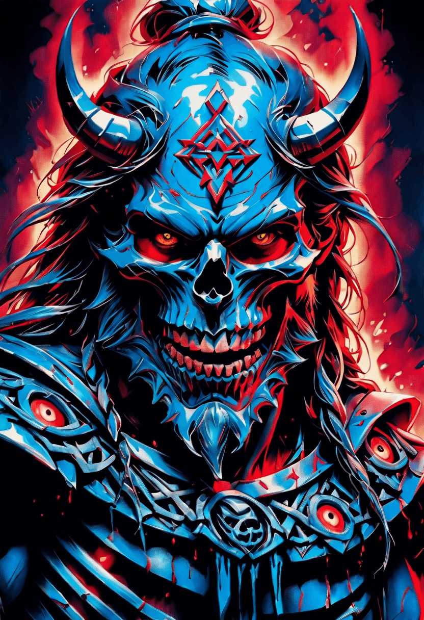 AI generated: Prompt: up close,Glowing Nordic Rune tattoos, full body,((has one EVIL eye)) viking man intricate de...